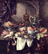 Still life with fruit, roast, silver- and glassware, porcelain and columbine cup on a dark tablecloth with white serviette., Abraham van Beijeren